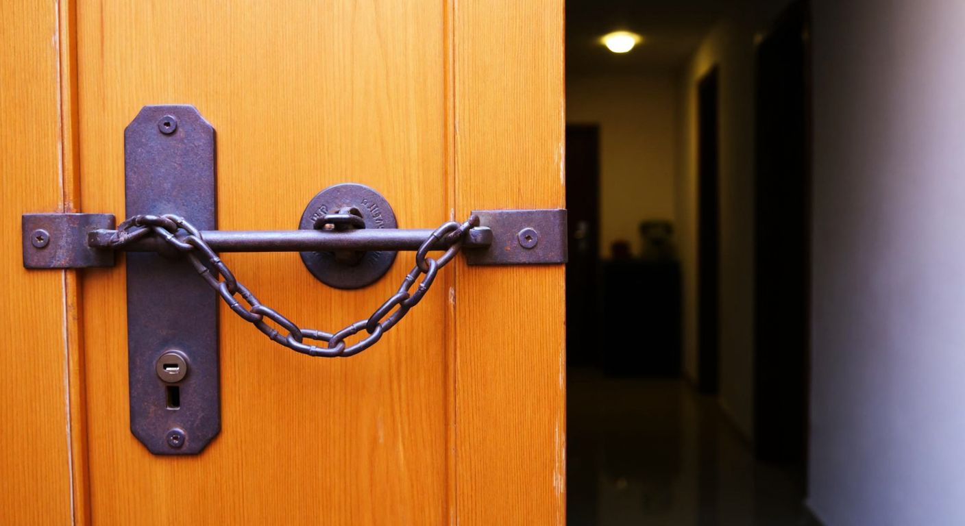 A sturdy metal door chain lock securely fastened to a wooden door in a Turkish home, partially opened to reveal a dimly lit hallway, conveying safety and caution.