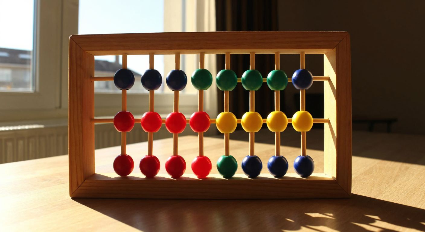 A wooden abacus with seven brightly colored beads arranged in a row, resting on a sunlit table in a cozy Turkish classroom.