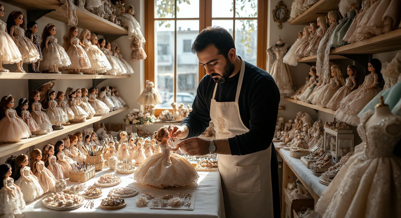 A Turkish artisan carefully hand-paints intricate details on a lifelike vinyl doll in a sunlit workshop, surrounded by shelves of meticulously crafted dolls with luxurious fabrics and accessories.