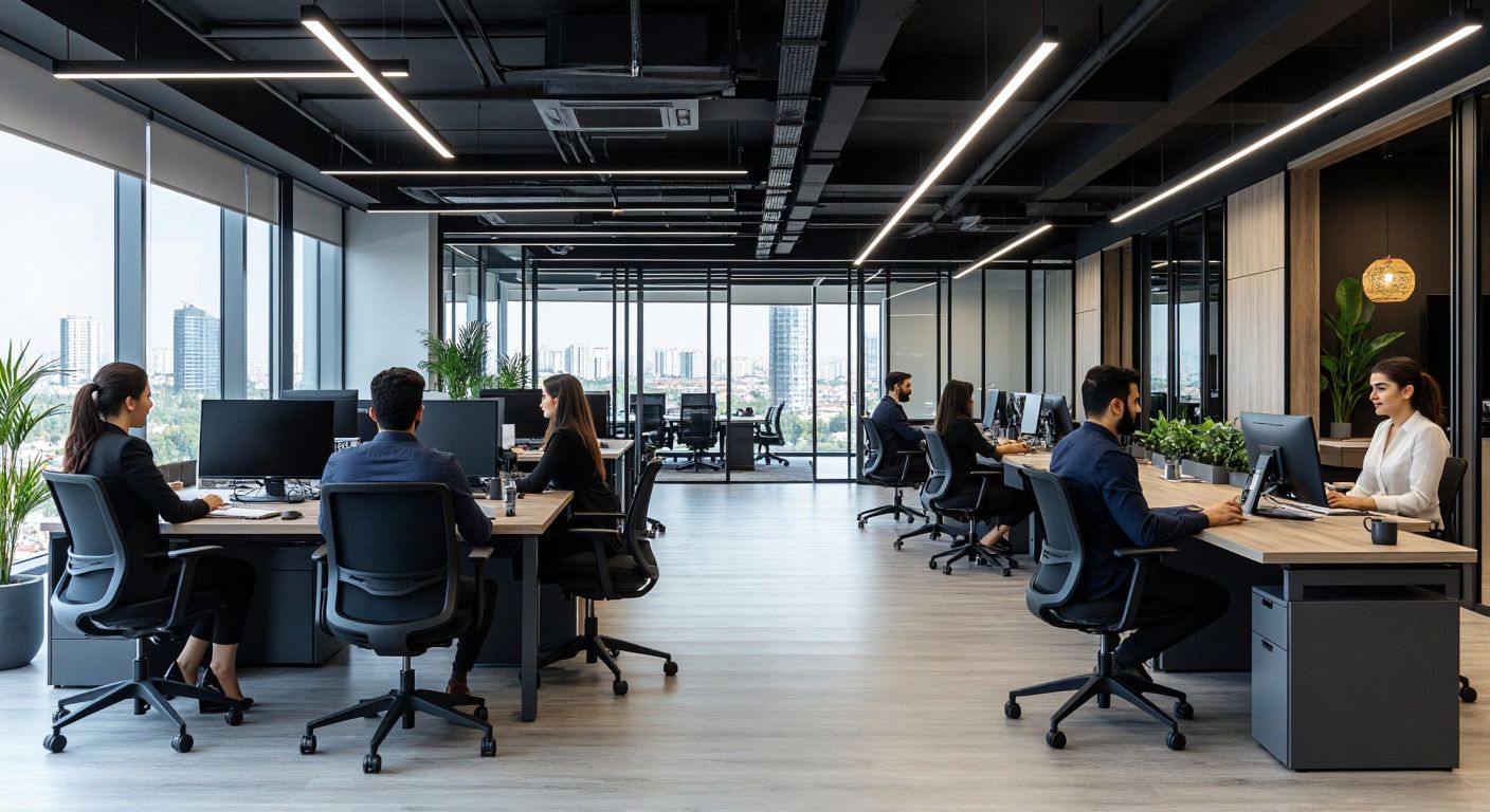 A modern Turkish office with sleek, ergonomic chairs and functional workstations, where well-dressed professionals work comfortably in a bright, organized space.
