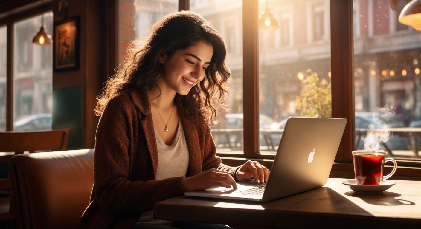 A cheerful Turkish woman in a cozy café, browsing customer reviews on her laptop with a steaming cup of çay beside her, while sunlight streams through the window.