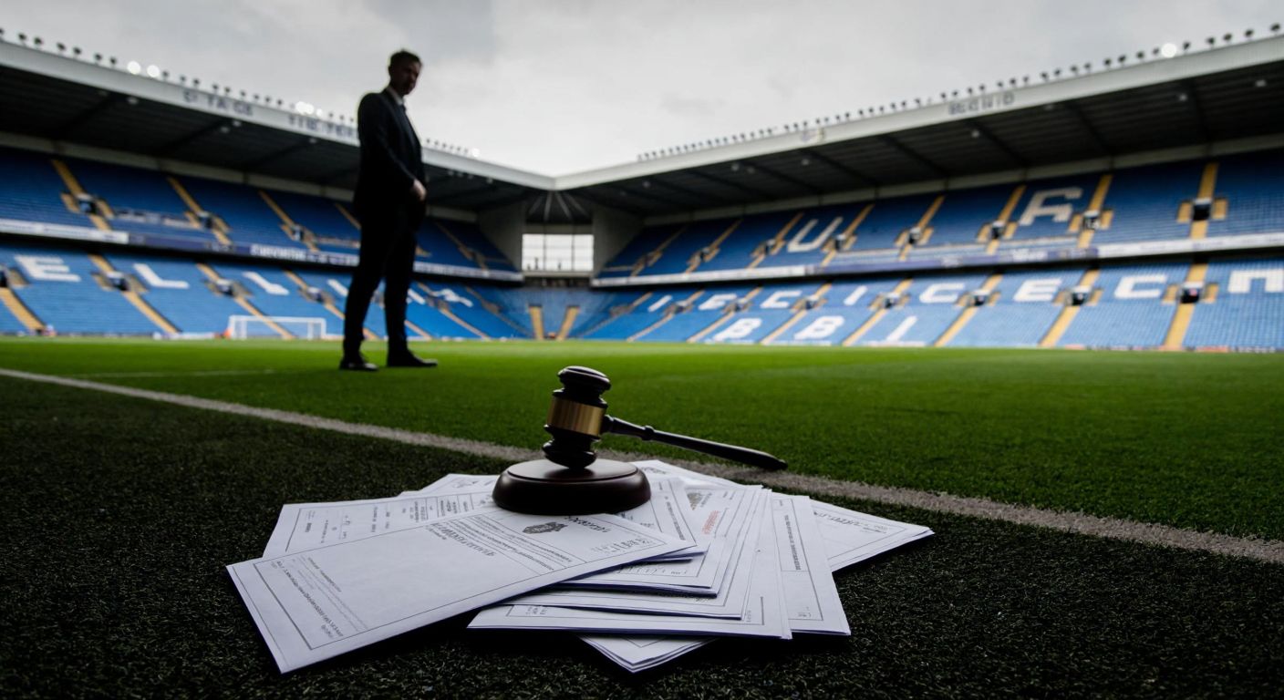 A somber Scottish football stadium with empty blue seats, a pile of unpaid tax documents on the pitch, and a distant figure in a suit (representing tax authorities) holding a gavel, casting a shadow over the field.