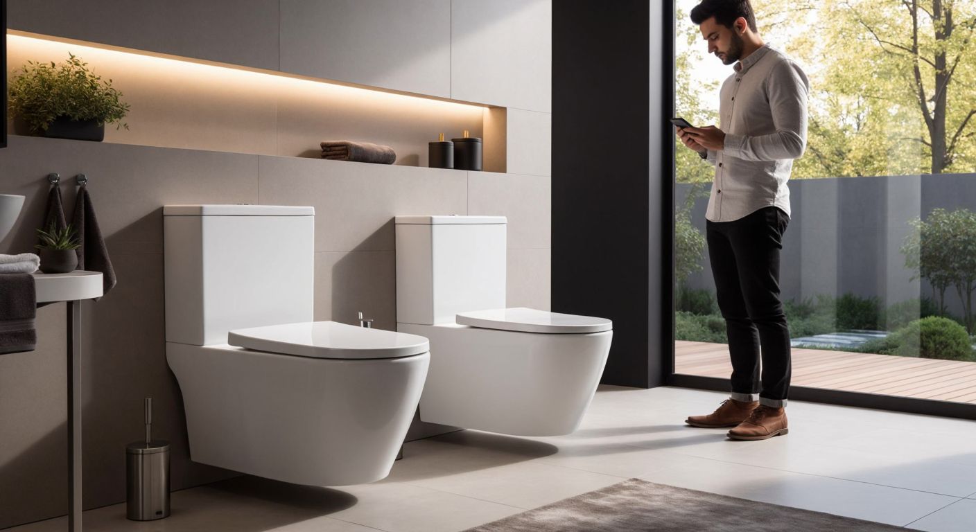 A sleek, modern bathroom in Turkey with two wall-mounted toilets side by side—one with a smooth, glossy white surface (VitrA) and the other a simpler, sturdy design (Dura)—while a person in casual home attire examines them thoughtfully.