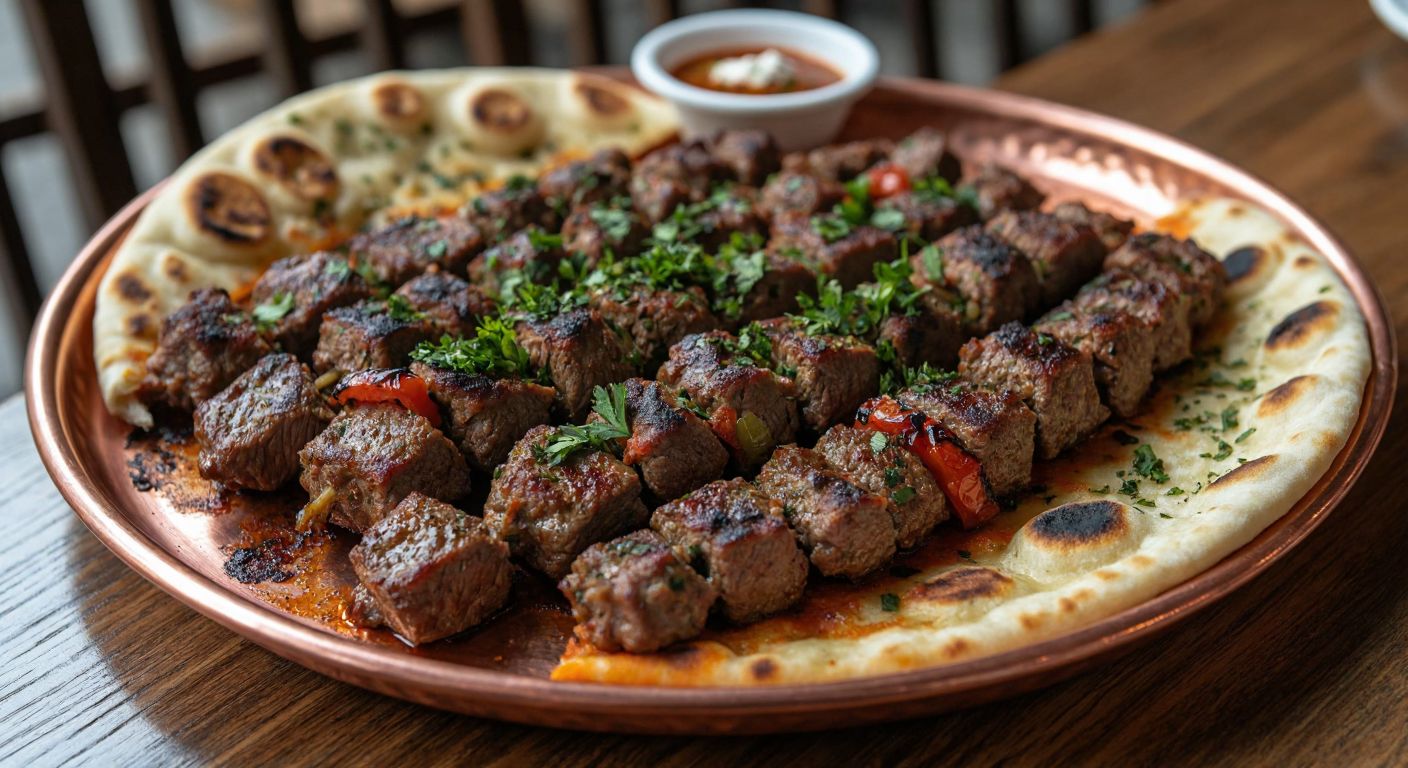A sizzling copper tray of **Altı Ezmeli Kebap** with tender **diced lamb (kuşbaşı)** and **minced meat (kıyma)** arranged over smoky charcoal, garnished with fresh parsley and served alongside warm flatbread, evoking the rich flavors of Gaziantep.