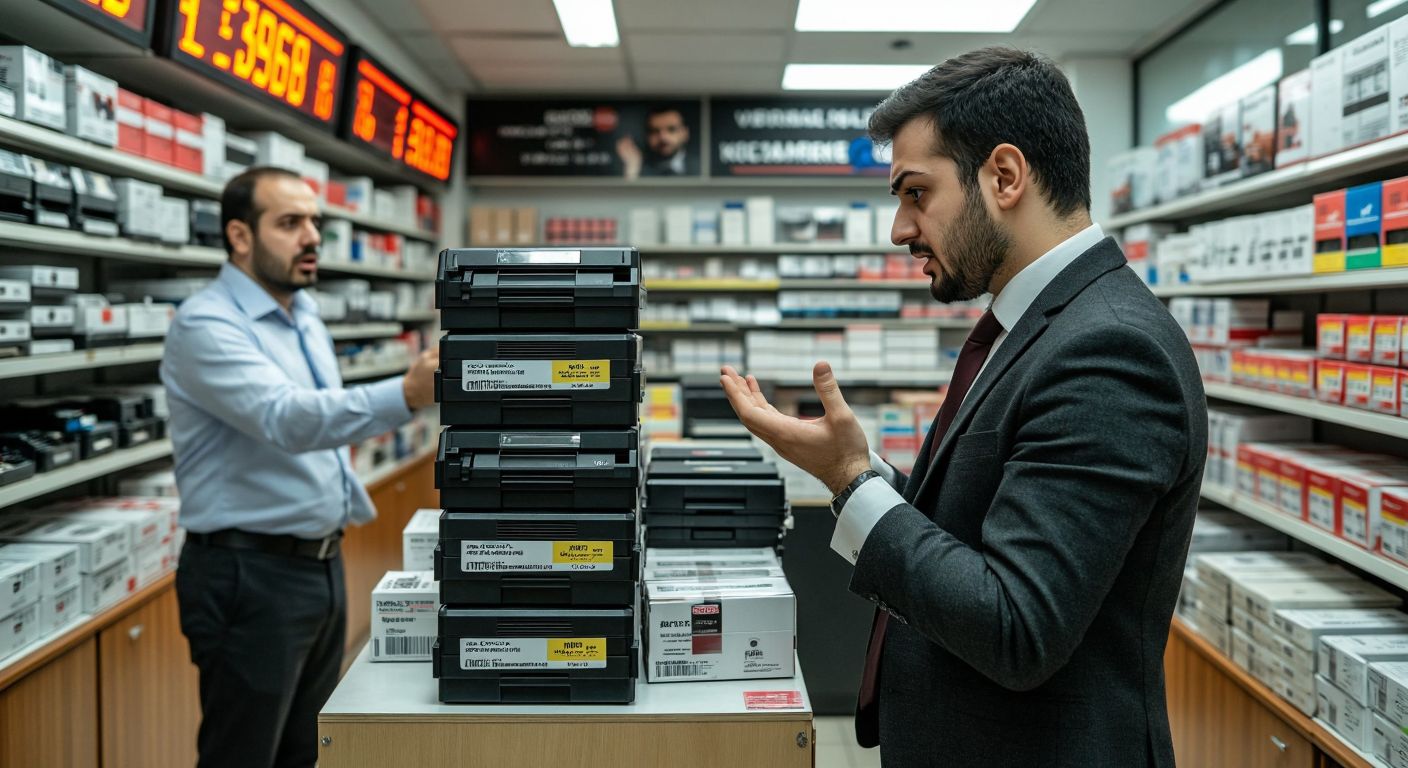 A frustrated office worker in Turkey stares at a towering stack of expensive printer toner cartridges, while a shopkeeper gestures toward fluctuating currency exchange rates displayed nearby.