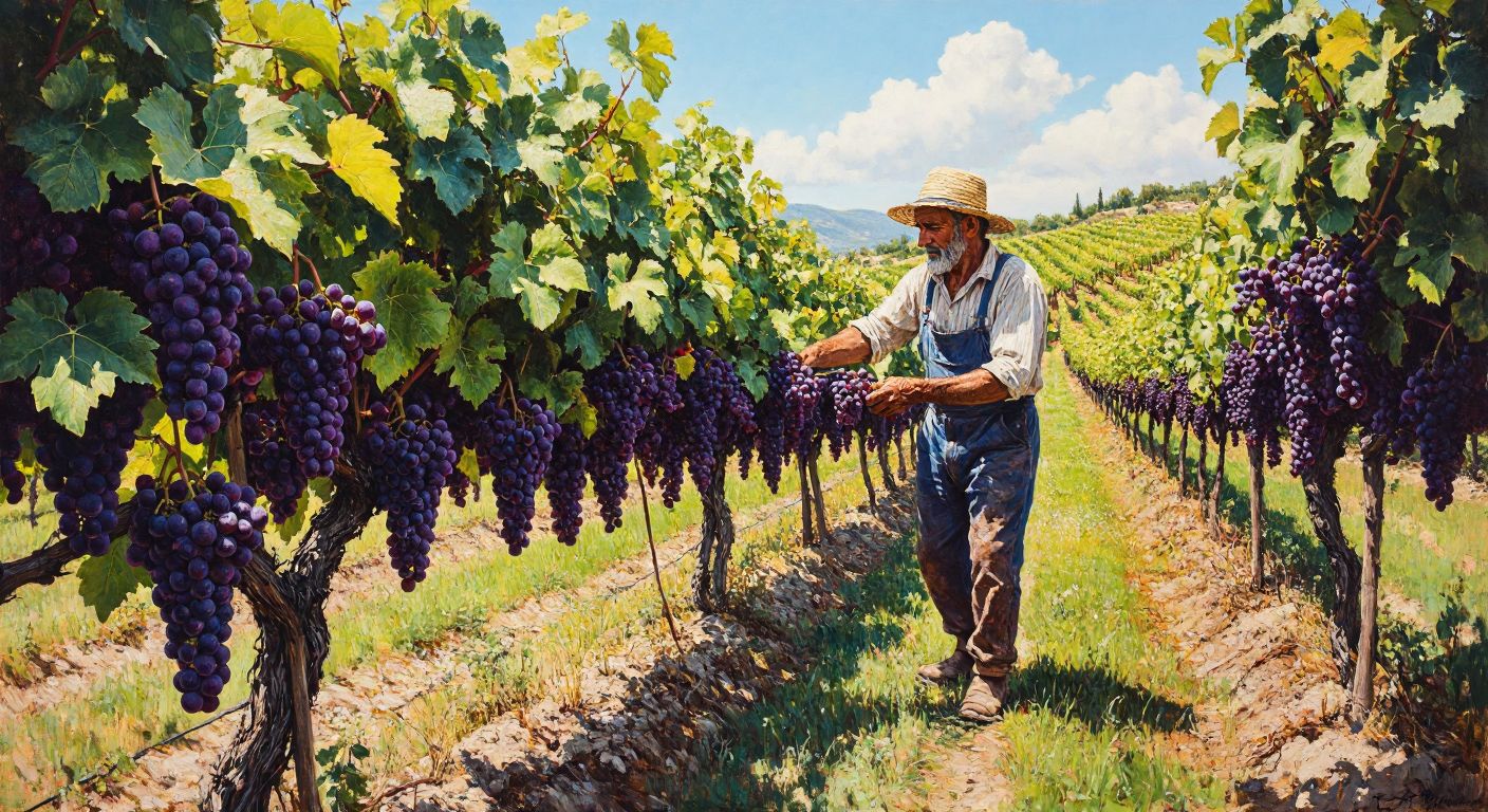 A sun-drenched Turkish vineyard with lush green grapevines heavy with clusters of deep purple and golden grapes, tended by a weathered farmer in a straw hat, evoking the timeless connection between land and tradition.