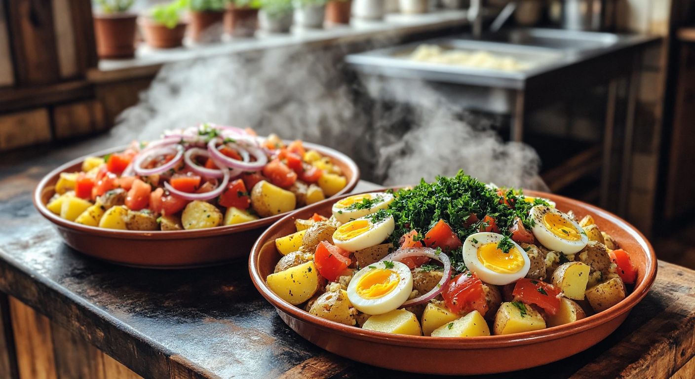 A rustic wooden table in a Turkish kitchen holds two dishes: a vibrant potato salad with diced tomatoes, sliced onions, and egg rings, and a creamy mashed potato topped with fresh parsley, both steaming slightly under warm light.