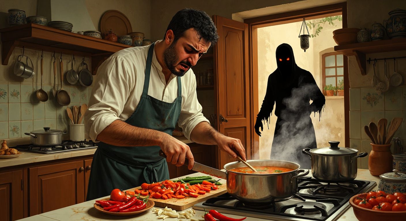 A frustrated Turkish man in a traditional kitchen, hastily chopping vegetables with a knife while a spilled pot of simmering *çorba* (soup) boils over onto the stove, his face flushed with annoyance as a shadowy figure (symbolizing haste-induced chaos) looms behind him.
