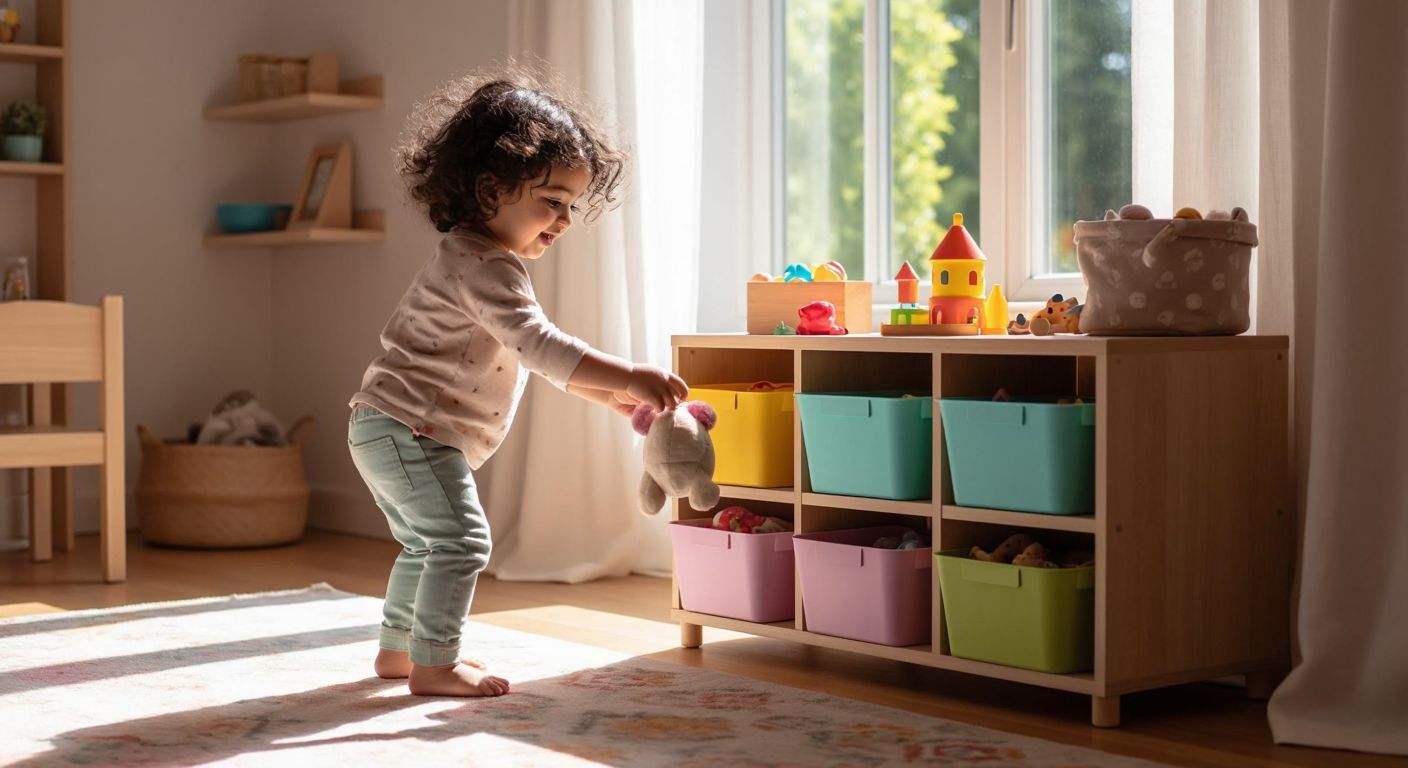 A cheerful Turkish child with dark curly hair places colorful toys into a wooden storage cabinet with multiple pastel-colored baskets in a sunlit playroom with a patterned rug.