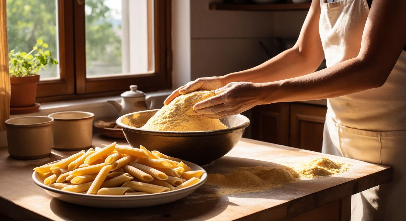 A wooden table in a Turkish kitchen holds a bowl of golden durum wheat semolina dough, with hands kneading it beside a tray of freshly shaped hollow penne pasta drying under warm sunlight.