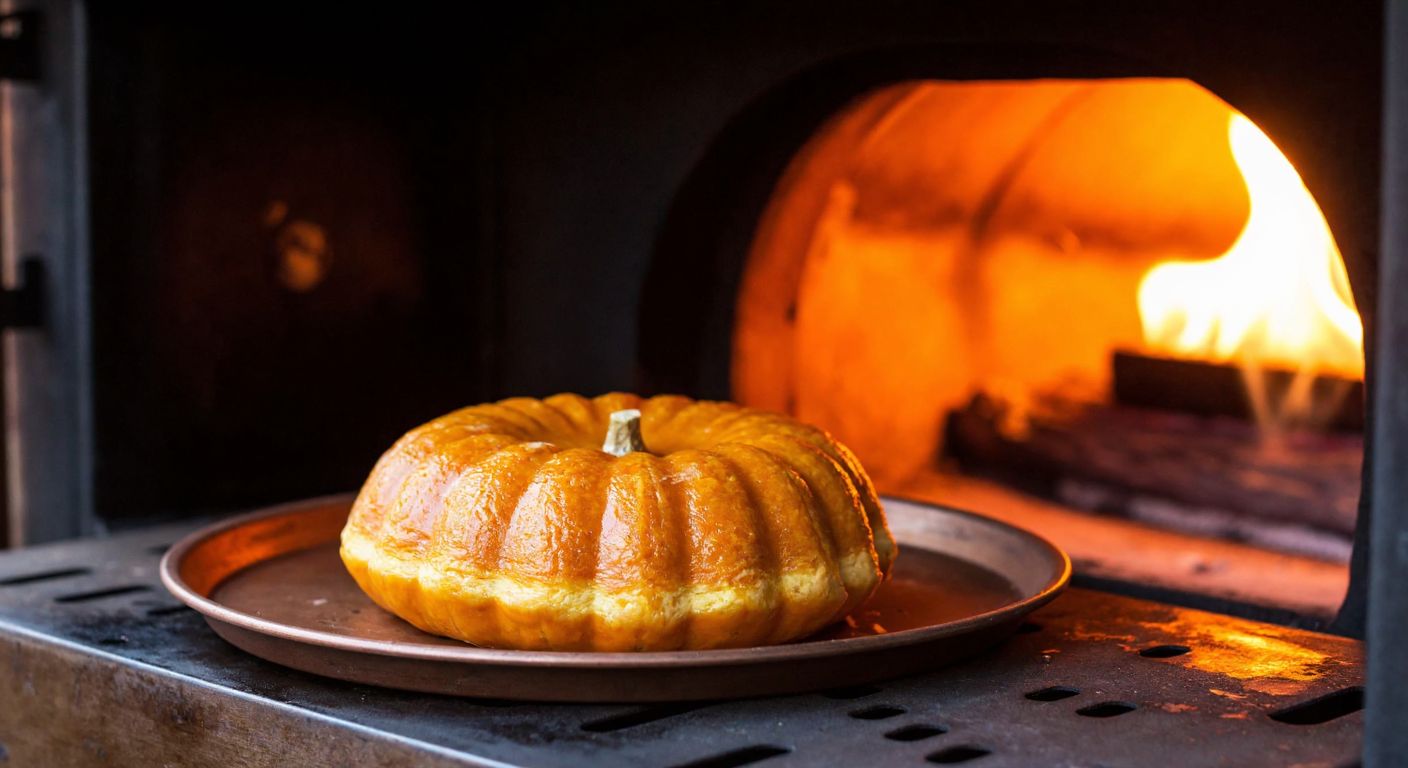 A golden-brown pumpkin dessert, freshly baked and steaming on a rustic tray inside a warm, glowing oven, surrounded by the cozy ambiance of a Turkish kitchen.