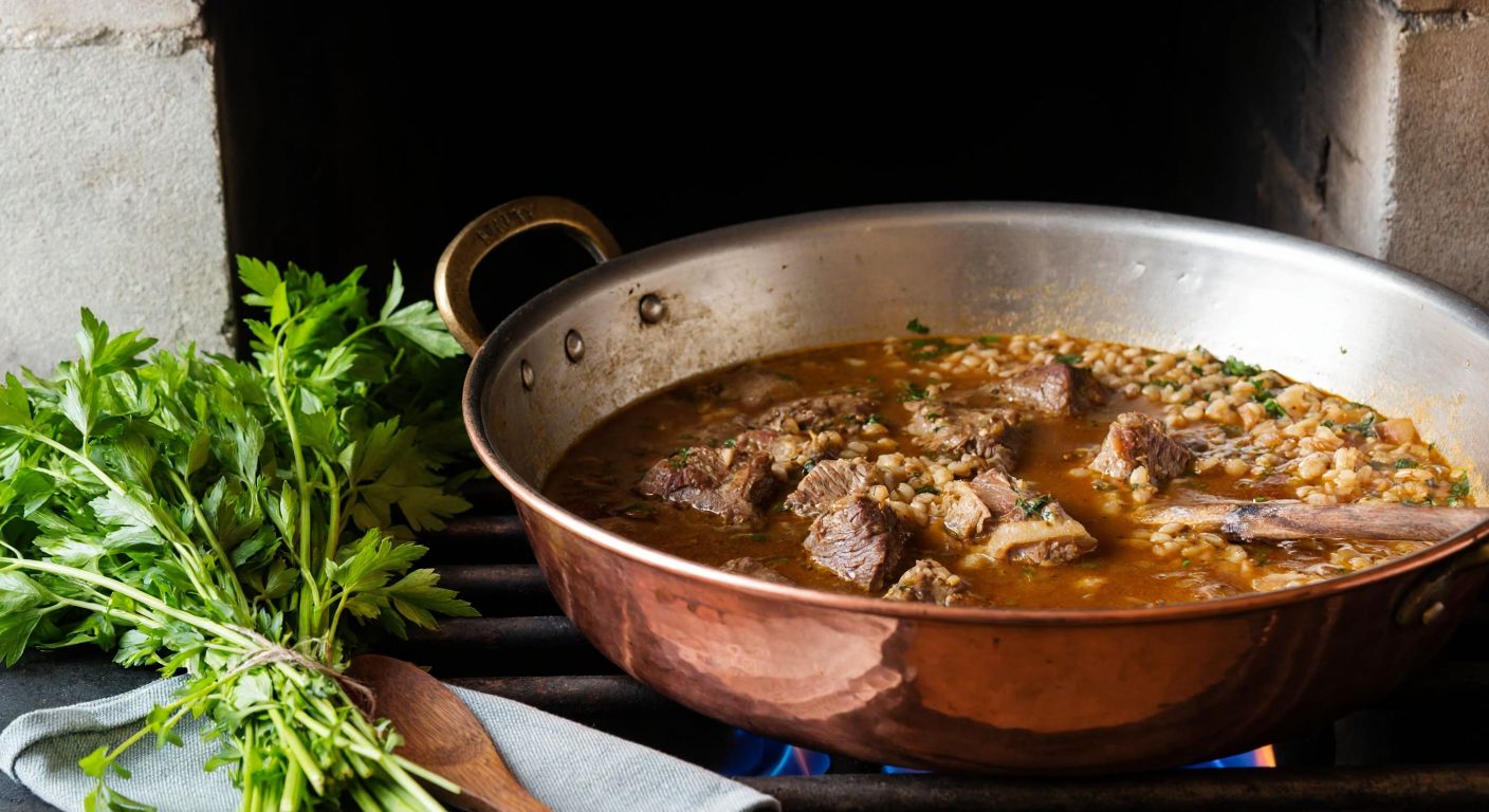 A rustic Turkish kitchen with a large copper pot simmering over a wood fire, filled with tender chunks of lamb and wheat, surrounded by fresh herbs and a wooden spoon resting on the edge.