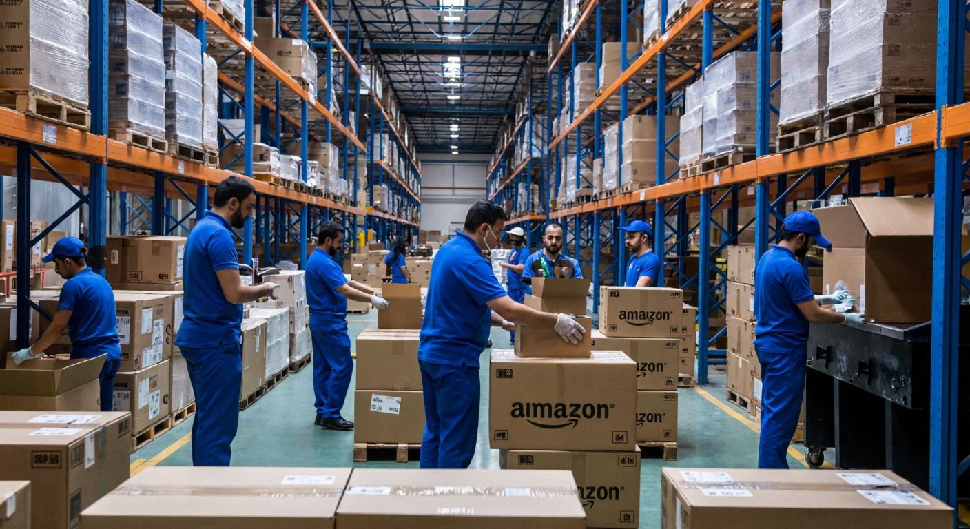 A bustling Turkish warehouse with workers in blue uniforms carefully packing boxes labeled "Amazon" while industrial gears and conveyor belts hum in the background, symbolizing both e-commerce logistics and mechanical engineering.