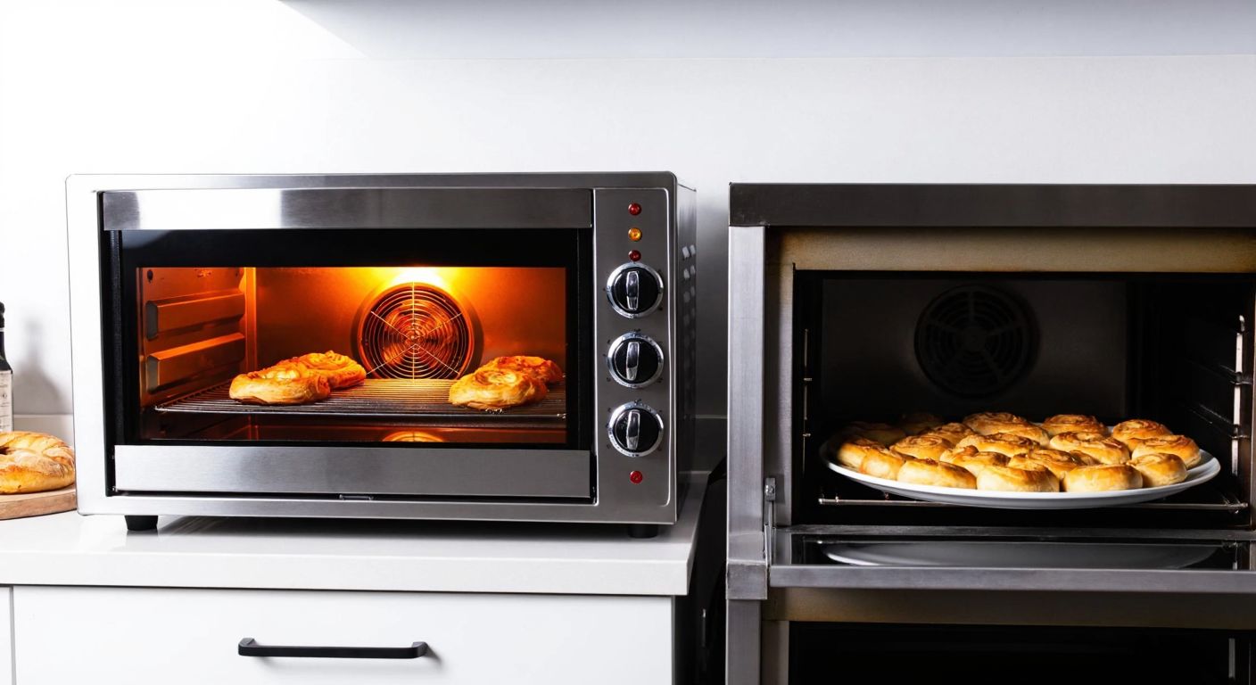 A modern stainless steel electric turbo oven with a glowing fan inside, placed beside a traditional static oven, both filled with golden-brown pastries in a warm Turkish kitchen.