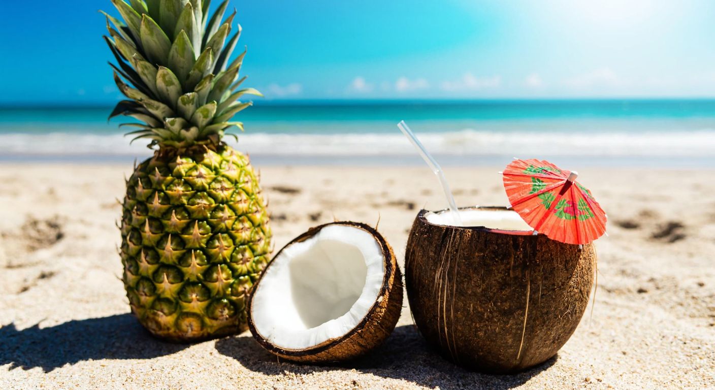 A golden pineapple and a split coconut rest on a sunlit tropical beach, with a refreshing cocktail garnished with a tiny umbrella nearby.
