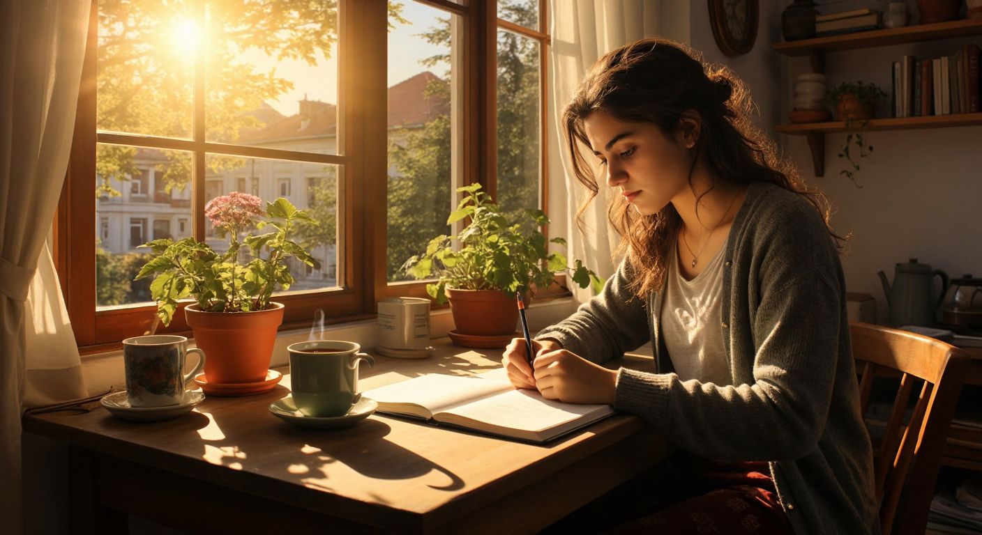 A young Turkish student sits at a wooden desk in a sunlit room, intently writing in a notebook while a neatly organized planner, a steaming cup of Turkish tea, and a small potted plant sit beside them, conveying focus and productivity.