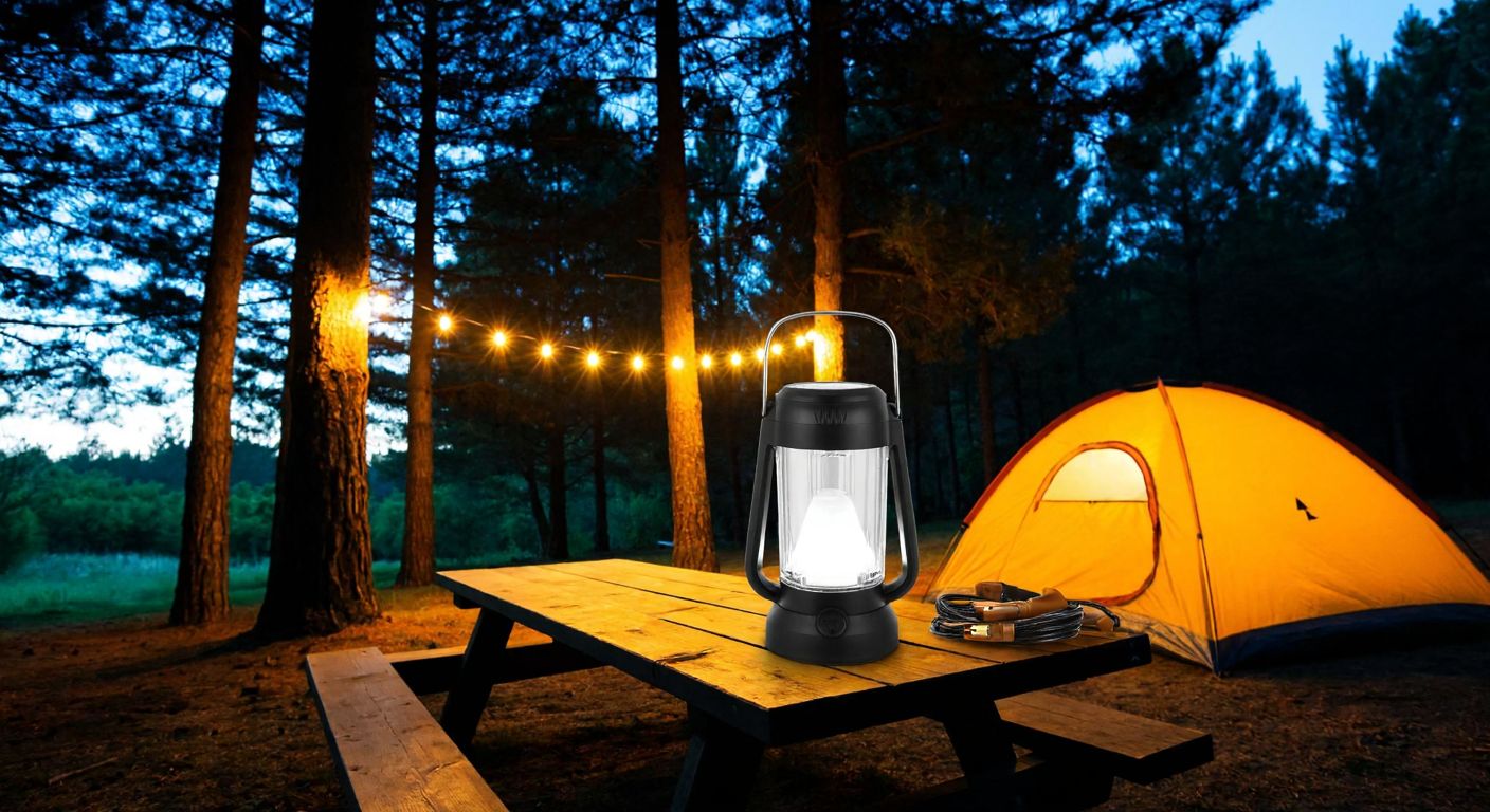 A cozy campsite in a Turkish pine forest at dusk, illuminated by a sturdy waterproof lantern casting a warm glow on a rustic wooden picnic table, with a portable solar lamp softly lighting a nearby tent and string lights twinkling between the trees.