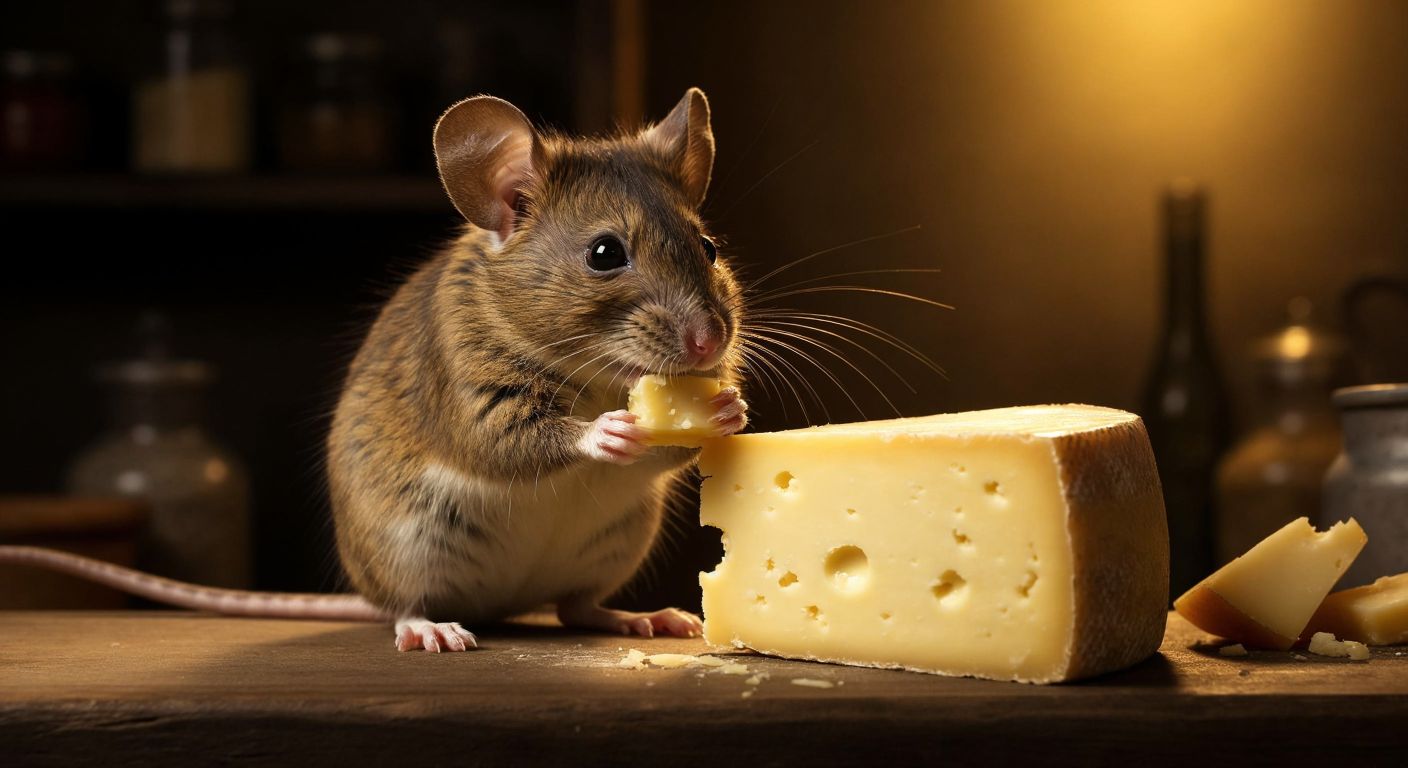 A plump brown mouse with twitching whiskers happily nibbles on a golden wedge of oily, aromatic kaşar cheese in a dimly lit Turkish pantry.