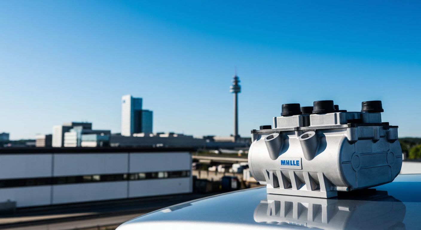 A sleek silver car engine part with the Mahle logo, set against a backdrop of Stuttgart’s industrial skyline under a clear blue sky.