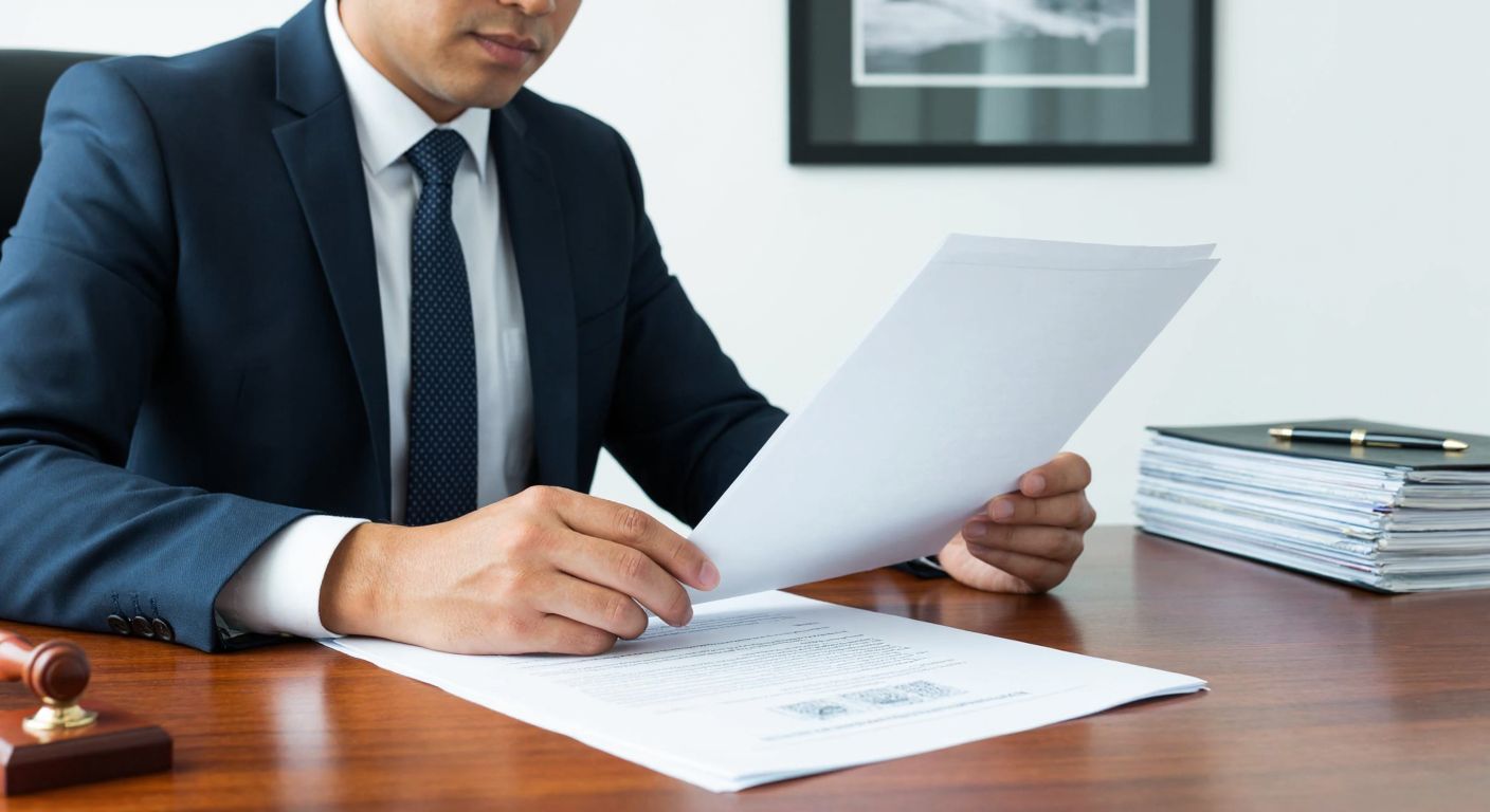 A focused businessperson in a formal suit reviews legal documents at a wooden desk in a German office, with a notary stamp and a stack of papers nearby.
