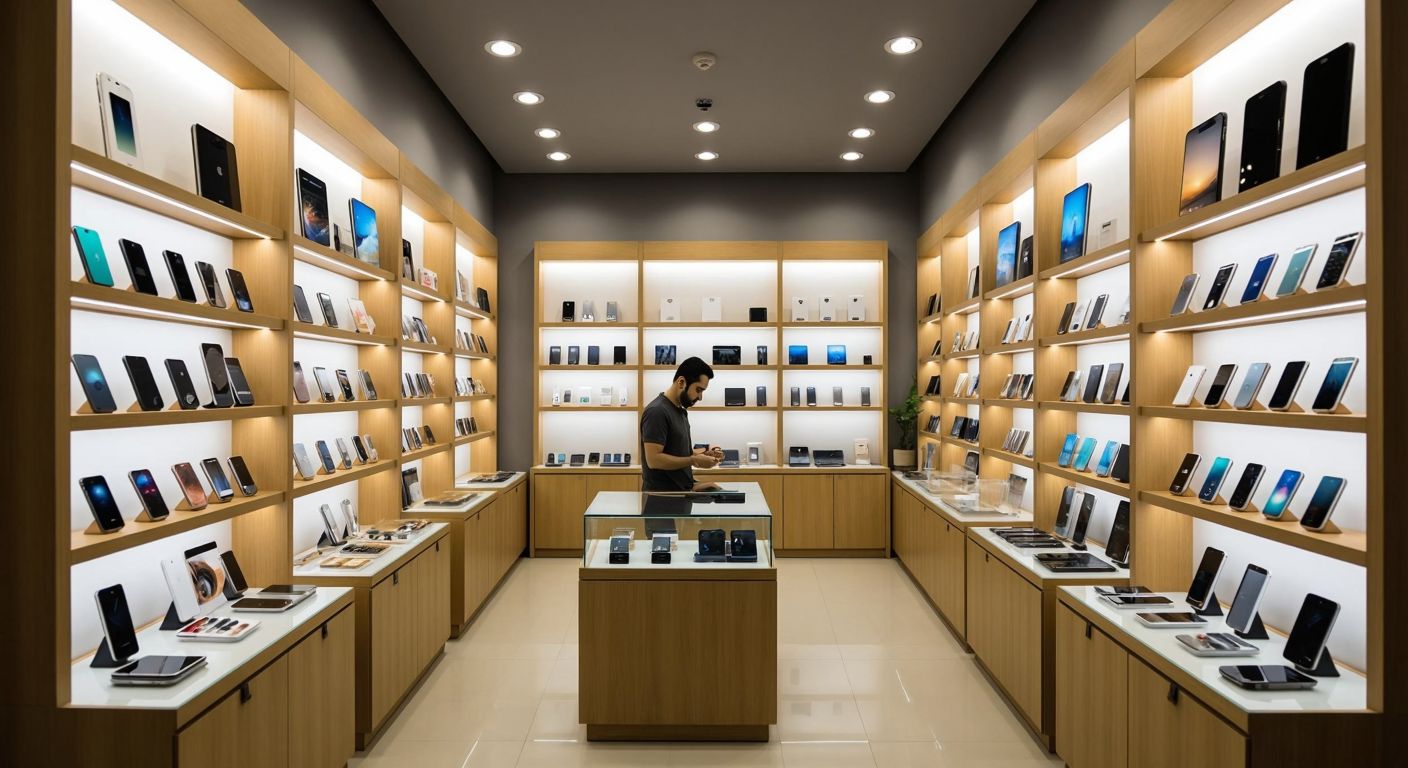 A well-lit Turkish phone shop with sleek wooden display shelves, glass vitrines showcasing smartphones, and warm LED spotlights highlighting accessories, while a shopkeeper arranges devices on modular wall-mounted racks.