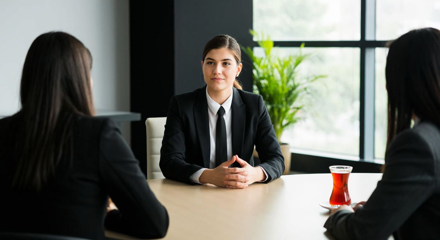 A young professional in a formal outfit sits confidently across from two interviewers in a sleek office, with a warm cup of Turkish tea on the table between them, reflecting a focused yet welcoming atmosphere.