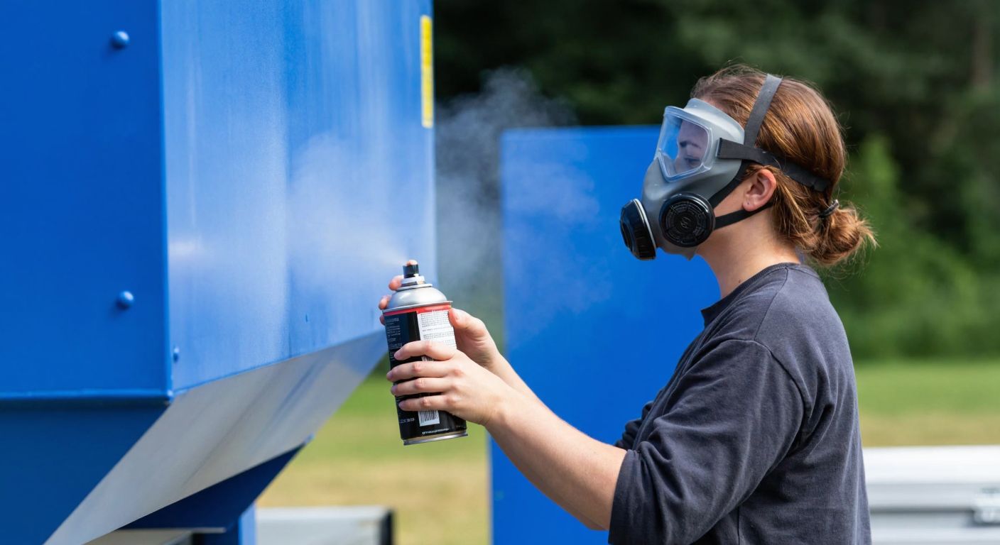 A person wearing a protective mask while spray-painting a metal surface outdoors, with a can of spray paint in one hand and a faint mist of paint in the air.