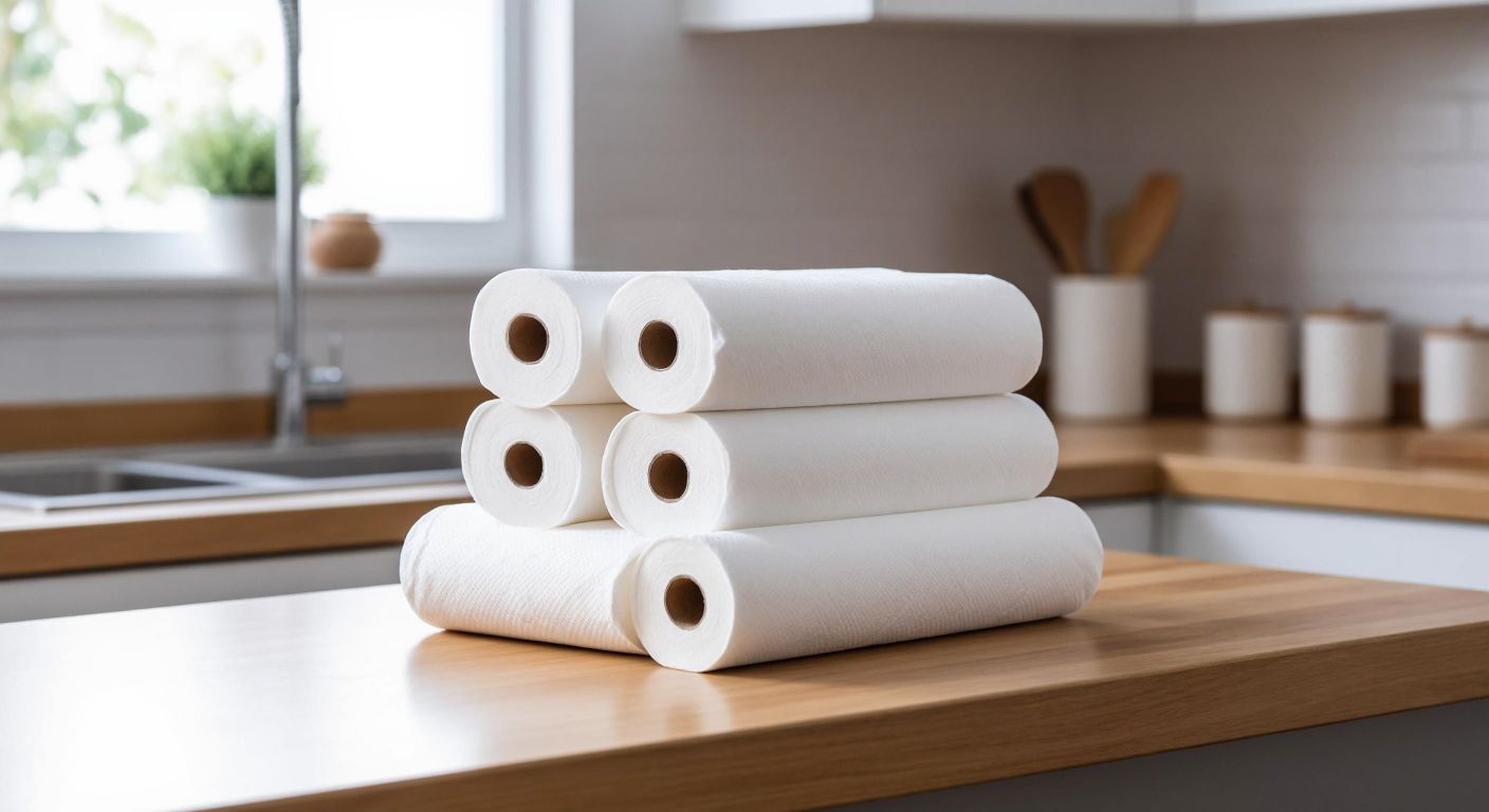 A neatly stacked roll of white paper towels with a pull-out center, placed on a clean wooden kitchen counter in a well-lit Turkish home, conveying hygiene and practicality.