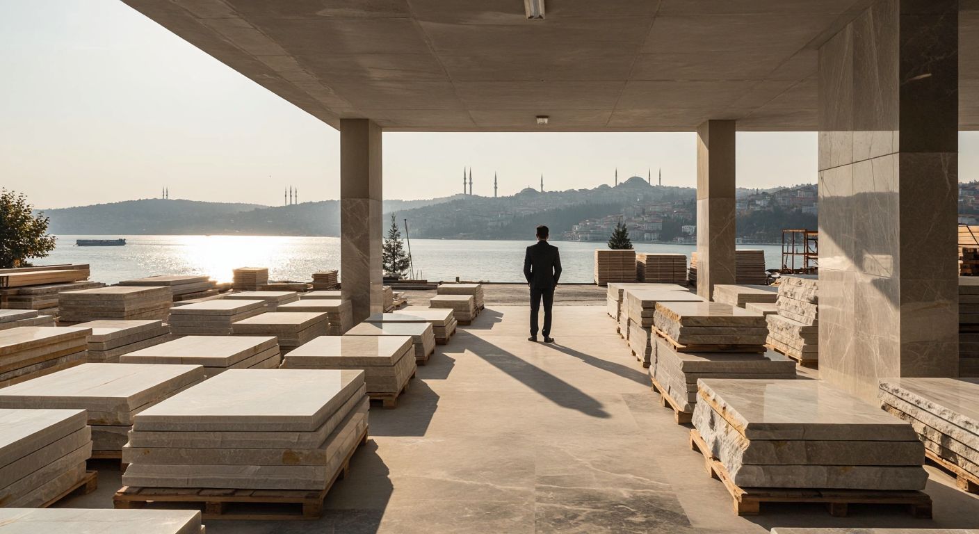 A modern marble factory in Istanbul's Beykoz district, with stacks of polished stone slabs under sunlight, a lone businessman in formal attire standing near the entrance, and the Bosphorus visible in the distant background.