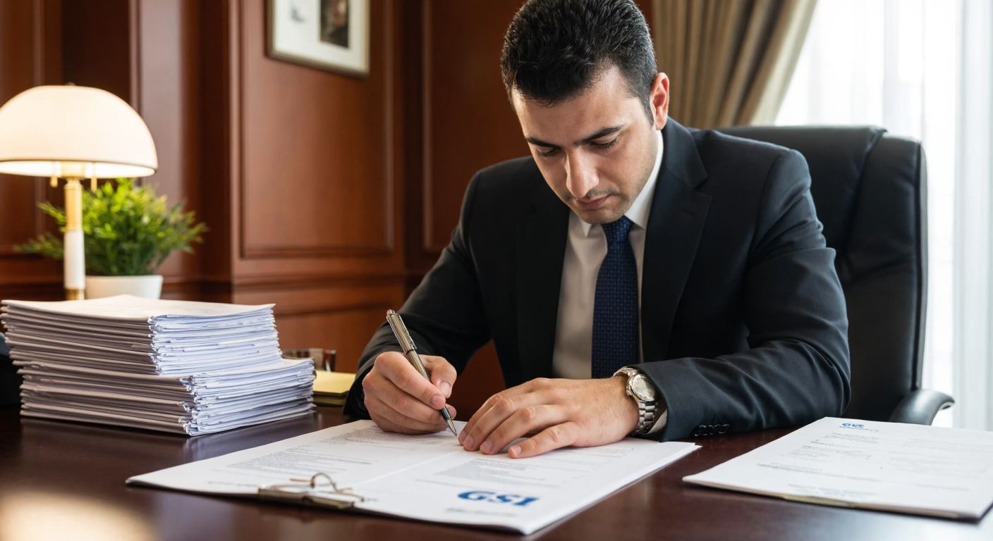 A Turkish businessperson in a formal office setting carefully reviews documents and fills out a GS1 application form, with a stack of required paperwork and a receipt for payment nearby.
