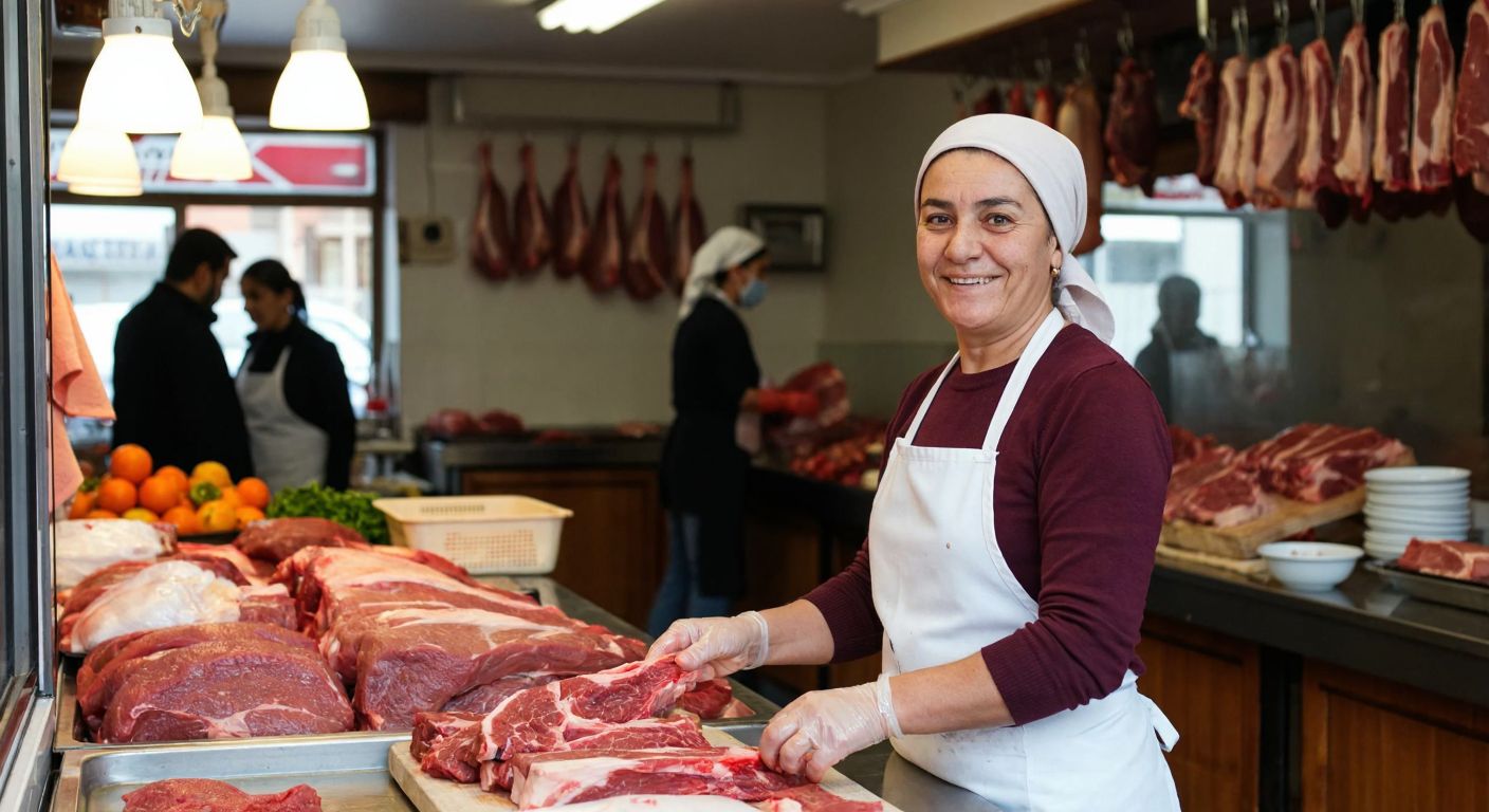 A warm, bustling butcher shop in Turkey with a smiling middle-aged woman, Ayşe Yelmen, wearing a white apron and a headscarf, proudly arranging fresh cuts of meat behind a glass counter while customers chat nearby.
