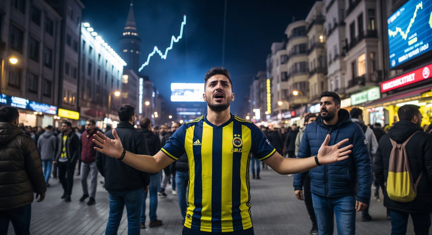 A passionate Fenerbahçe fan in a yellow-blue jersey stands in a bustling Istanbul street, gesturing emphatically while explaining the difference between two concepts to a curious listener, with a football and a forex trading chart subtly visible in the background.