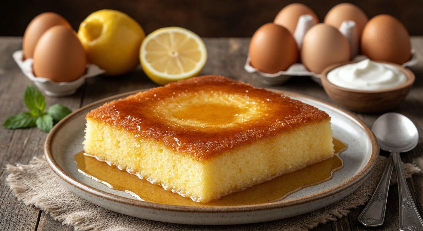 A golden-brown revani dessert glistening with syrup, placed on a ceramic plate beside a rustic wooden table scattered with fresh eggs, yogurt, semolina, and a lemon half, evoking warmth and tradition in a Turkish kitchen.