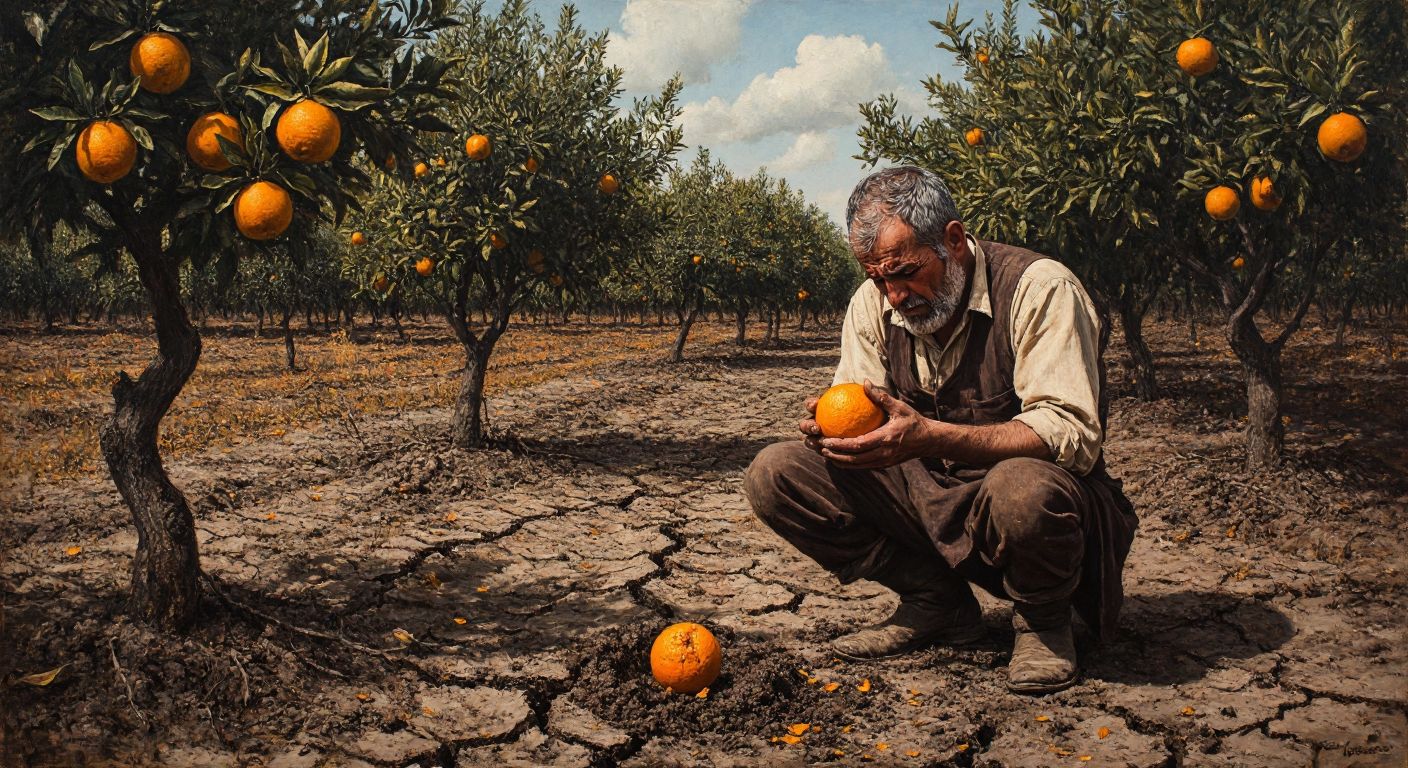 A sun-scorched orange grove in Turkey with cracked soil and sparse fruit-laden trees, while a frustrated farmer in traditional clothing examines a withered orange in his calloused hands.