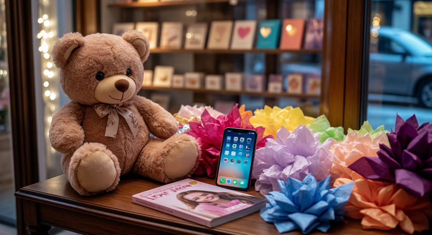 A cozy Turkish gift shop displays a plush glowing teddy bear, a delicate silk scarf, a personalized love magazine, and a sleek iPhone on a wooden table adorned with colorful tissue paper.