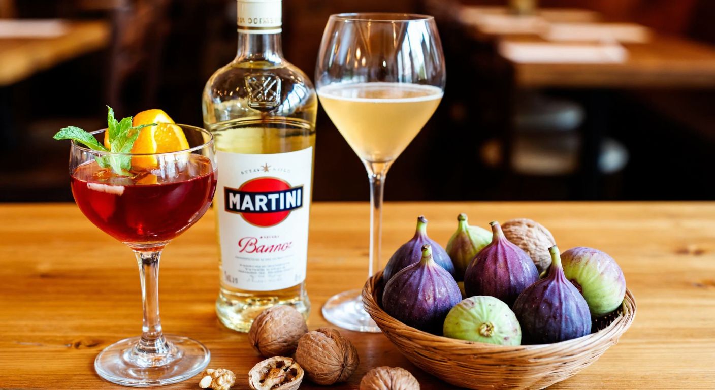 A rustic wooden table in a cozy Turkish tavern holds a crystal-clear glass of amber vermut garnished with an orange slice and a sprig of mint, alongside a bottle of Martini Bianco with a red-and-white label, while a second glass of deep ruby-red wine with a golden hue sits beside a basket of fresh figs and walnuts.