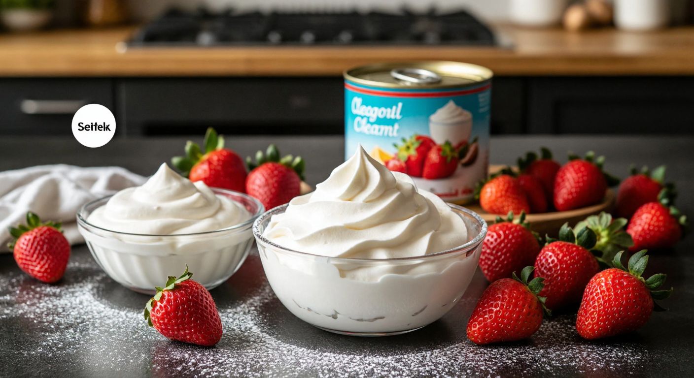 A Turkish kitchen counter displays a fluffy homemade whipped cream in a glass bowl next to a can of store-bought whipped cream, with a vegan coconut-based alternative and a rich dairy cream in separate bowls, all surrounded by fresh strawberries and a dusting of powdered sugar.