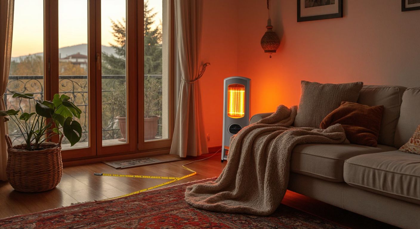 A cozy Turkish living room with a modern electric heater glowing softly in the corner, a person wrapped in a warm blanket measuring the room's dimensions with a tape measure.