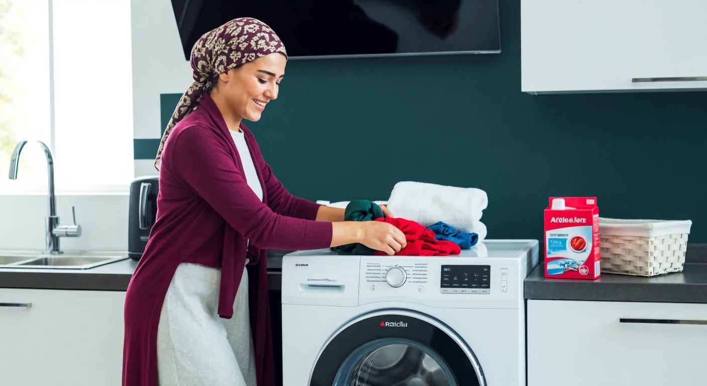 A modern Turkish kitchen with a smiling woman in a patterned headscarf carefully loading colorful clothes into a sleek white Arçelik washing machine, while a small box of detergent sits on the counter beside her.