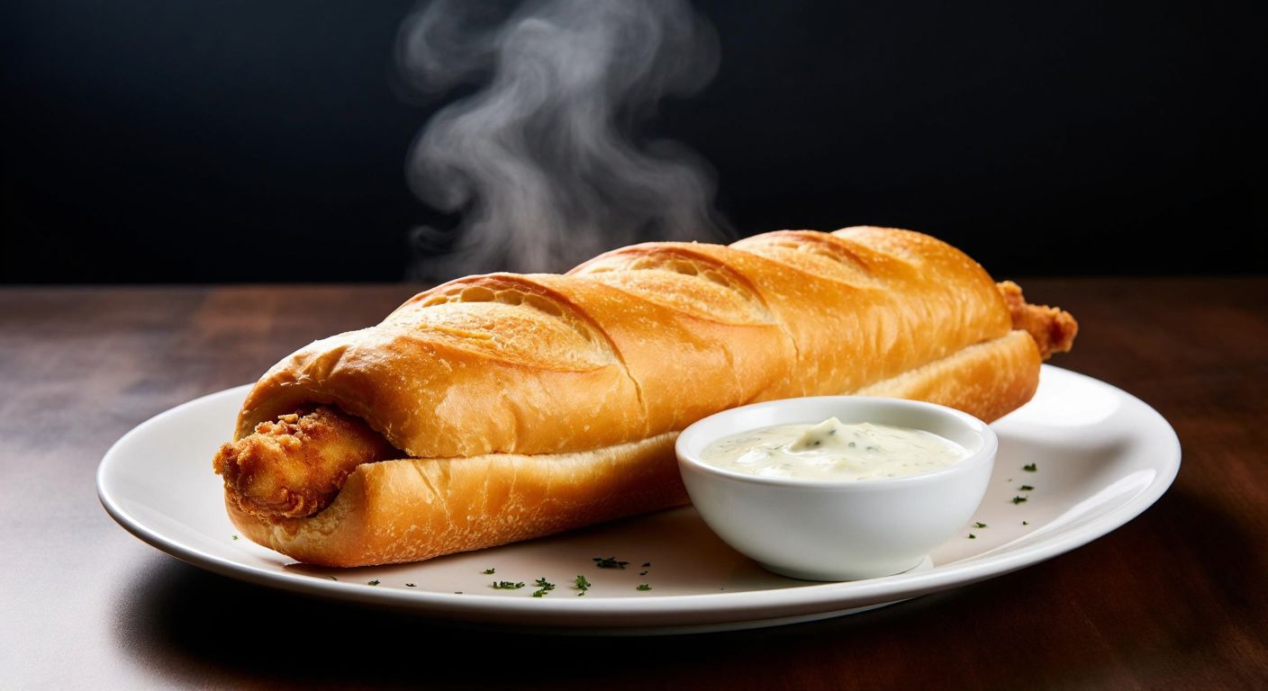A golden-brown crispy chicken baget sits on a white plate beside a small bowl of garlic sauce, with steam rising from its freshly fried surface, evoking warmth and indulgence.
