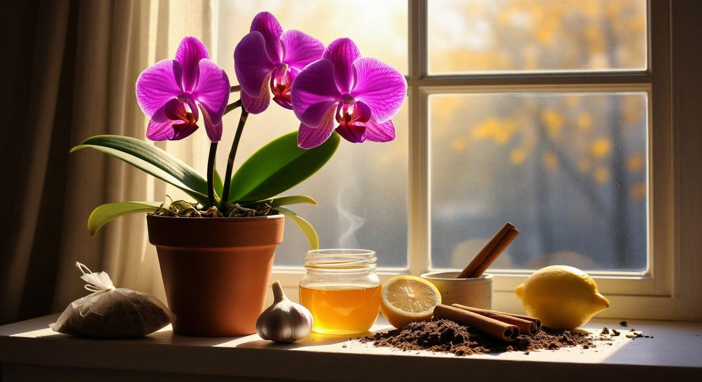A vibrant purple orchid in a terracotta pot sits on a sunlit windowsill, surrounded by natural remedies like honey, lemon slices, cinnamon sticks, used tea bags, crushed eggshells, and garlic powder, with healthy roots peeking through the soil.