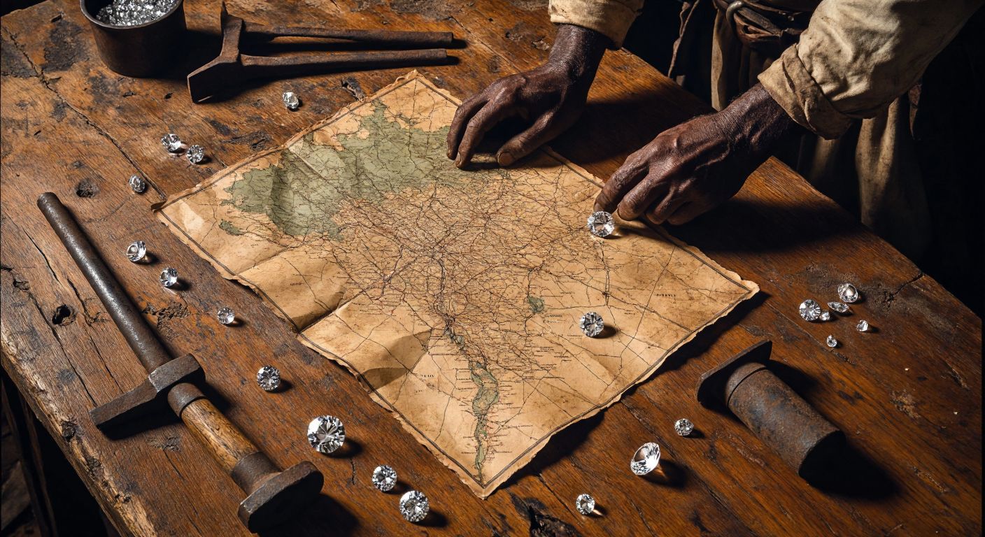 A weathered map of Sierra Leone lies on a cracked wooden table, surrounded by scattered diamonds and rusted mining tools, with faint shadows of colonial-era figures looming in the background.