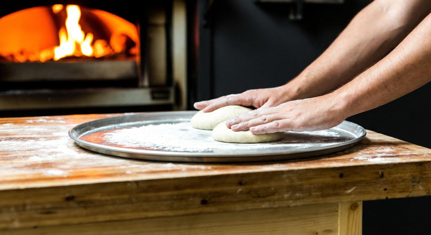 A small, round metal pizza tray, roughly 20-25 cm in diameter, sits on a rustic wooden counter in a cozy Turkish kitchen, with flour-dusted hands placing dough on it and a warm oven glowing in the background.