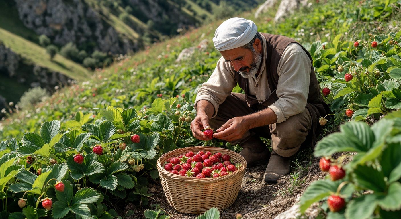 A sunlit Turkish mountainside dotted with wild strawberry plants bearing small red fruits, a farmer in traditional attire carefully inspecting a ripe *Fragaria vesca* berry, while baskets filled with plump *Fragaria chiloensis* and fragrant *Fragaria moschata* varieties sit nearby.