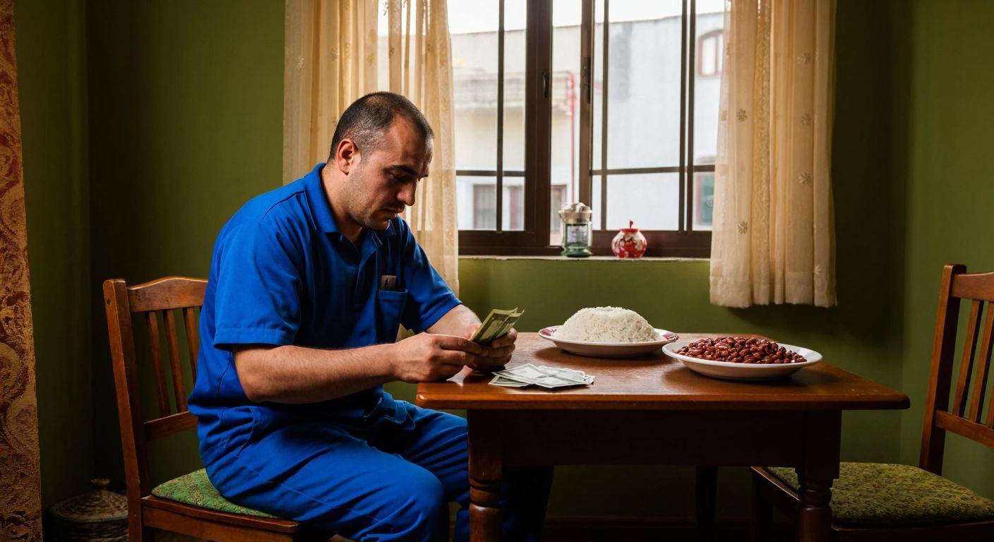 A weary factory worker in a blue uniform sits at a small wooden table in a modest Turkish home, counting a sparse stack of lira bills next to a simple meal of beans and rice.
