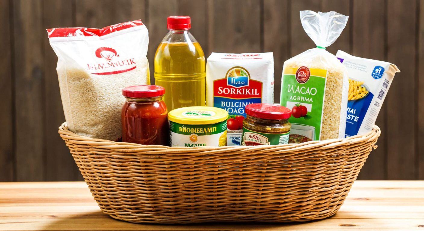 A woven basket filled with Turkish pantry staples—bags of rice and bulgur, bottles of sunflower oil, sacks of flour and sugar, jars of tomato paste, and boxes of tea and pasta—resting on a wooden table with a warm, inviting glow.
