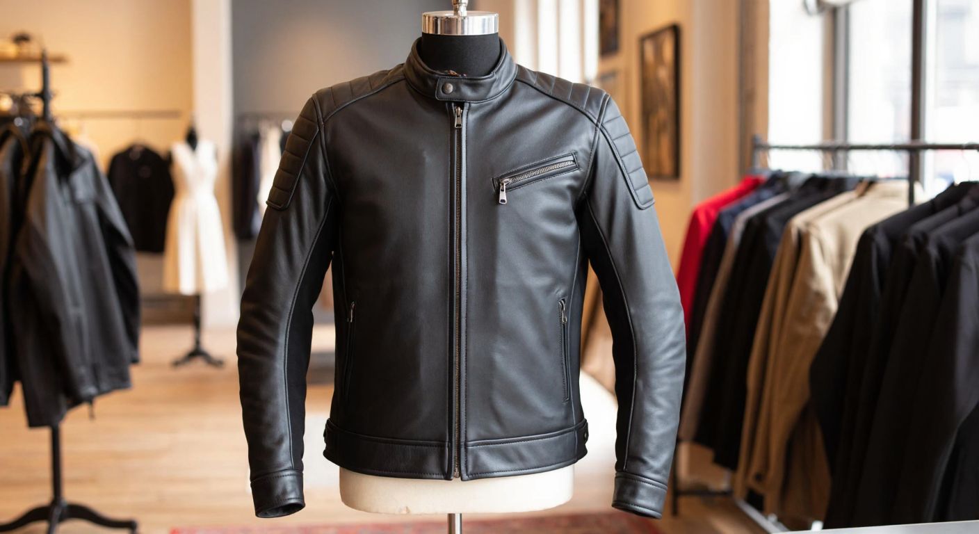 A sleek black motorcycle jacket with a modern design, displayed on a mannequin in a European-style urban boutique, reflecting Dutch craftsmanship.