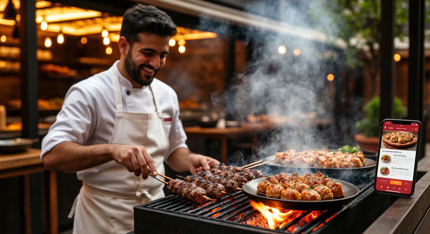 A smiling chef in a white apron grills sizzling kebabs over glowing embers, with a smartphone displaying a restaurant website nearby and a steaming plate of baklava on a wooden table.