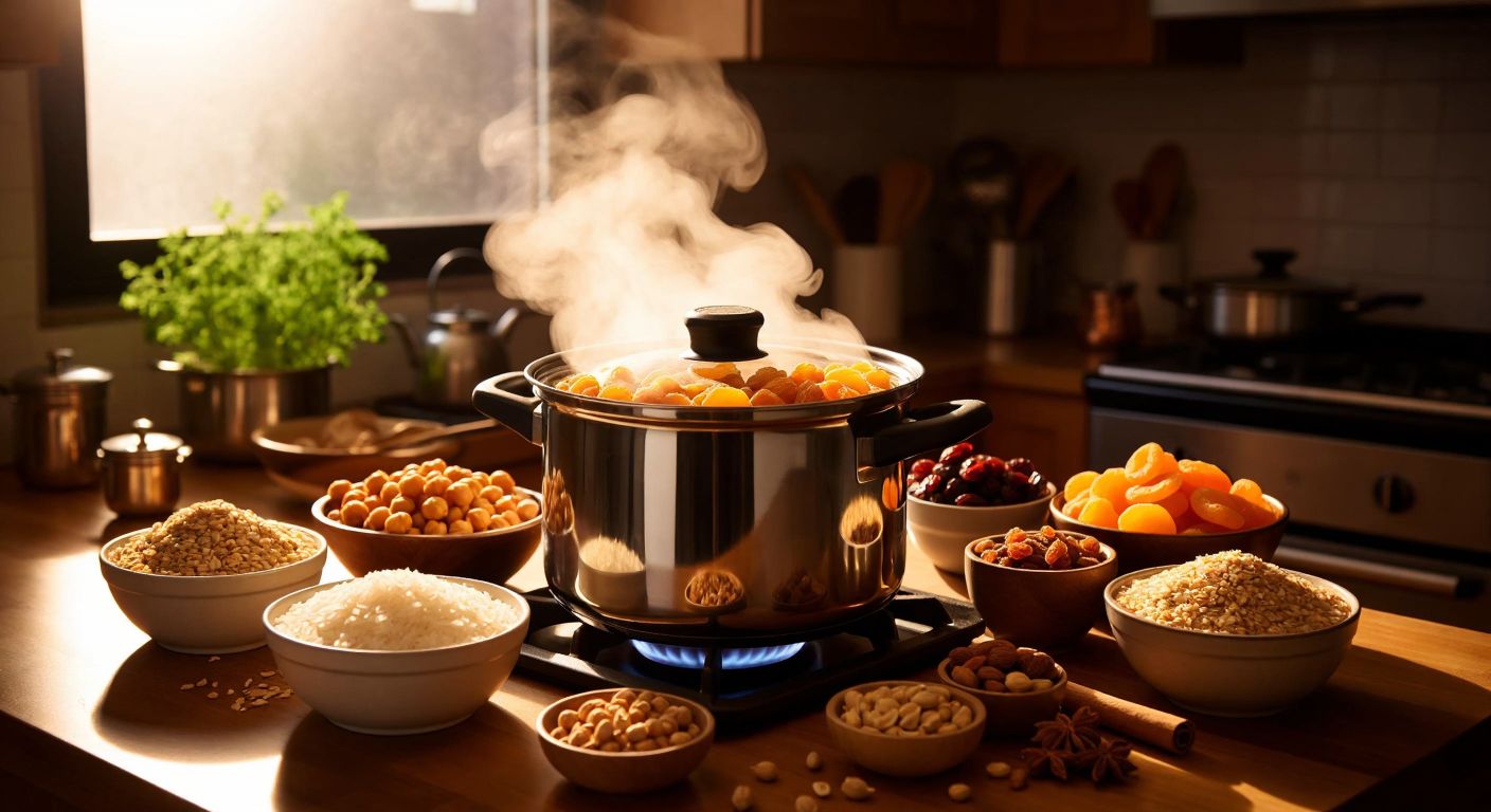 A steaming pressure cooker on a stovetop surrounded by bowls of ingredients—wheat, chickpeas, dried apricots, raisins, walnuts, and cinnamon—with a warm, inviting glow from the kitchen light.