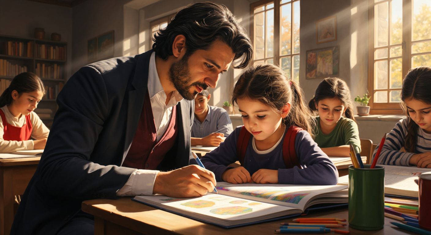 A focused Turkish teacher gently guiding a young student with dyslexia through a colorful workbook in a sunlit classroom, surrounded by supportive classmates.